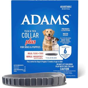 imageADAMS Flea ampamp Tick Collar Plus for Dogs ampamp Puppies 6Month Protection One Size Fits All Dogs ampamp Puppies Kills Fleas ampamp Ticks Repels Mosquitoes For Up To 6 Months Excluding California